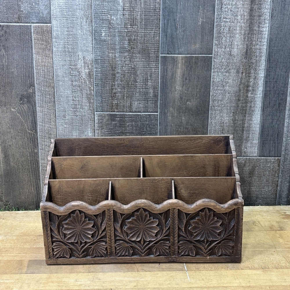 Vintage 1970s Lerner Faux Wood Desk Organizer Floral Mail Letter Sorter